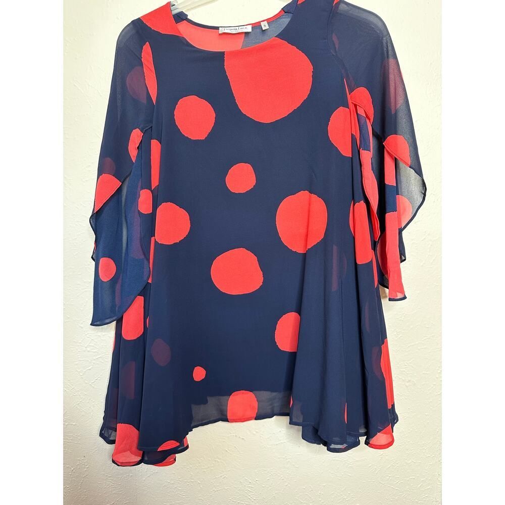 Patrizia Luca Milano Navy & Orange Polka Dot Sheer Lined Flutter Sleeve Blouse S